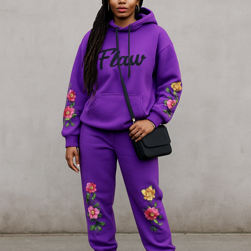 Purple jogging suit hoodie with bold words Flaw in abbreviation on it in Black in cursive braids gold hoop earrings and gold bracelet flowers on the sleeves and pants Black cross body purse and black nike shoes a black beanie 