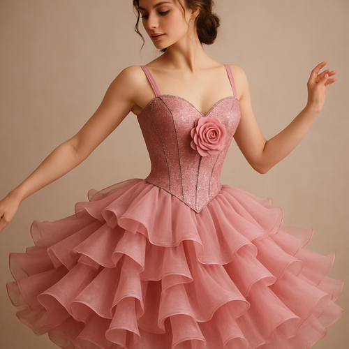 Rose pink dress with a ruffle skirt and a corset with sparkles that has a flower and looks real