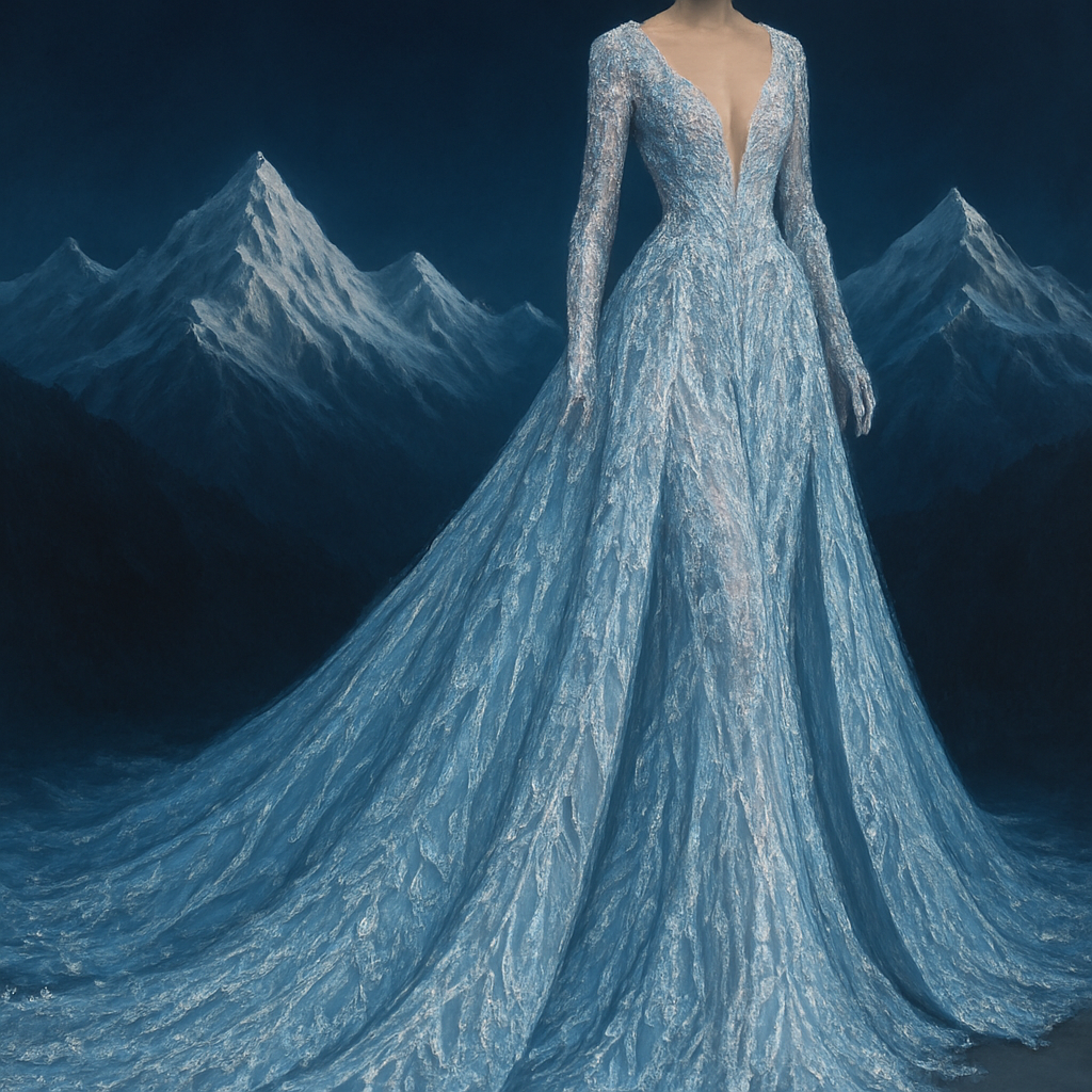 I want to create an extravagant gown with a 20 feet tail, a plunging neckline, with embroidery and textures that look like icicles and glaciers against a dark backdrop like the mountains with icy tips against California skies. Translate that into a beautiful design on the bodice and skirts of this fabulous gown
I want to create an extravagant gown with a 20 feet tail, a plunging neckline, with embroidery and textures that look like icicles and glaciers against a dark backdrop like the mountains with icy tips against California skies. Translate that into a beautiful design on the bodice and skirts of this fabulous gown, haute_couture style