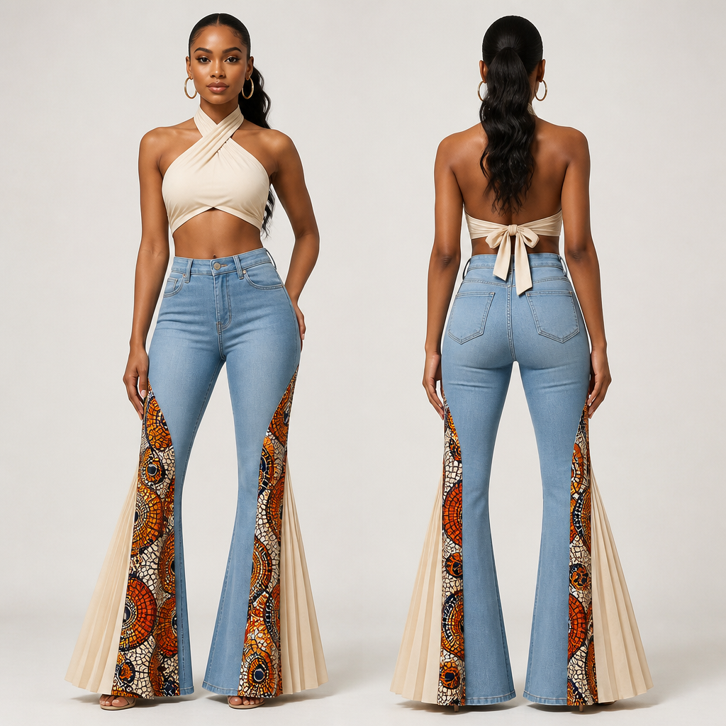 photorealistic fashion design, photorealistic fashion design, photorealistic fashion design, photorealistic fashion design, photorealistic fashion design, A Female Pants design, suitable for Summer. make a tile to James trousers a very tight journalist but add a plate sequence of African print to make the jeans flare beneath, just the design no text, show front and back. Refinement: make the print plate, just the design no text. Refinement: let the print be on one side and the the plate lines show, just the design no text. Refinement: do the same to the other leg and add a matching top, just the design no text. Refinement: don't let the jeans too be plate, just the design no text. Refinement: change the top
photorealistic fashion design, photorealistic fashion design, photorealistic fashion design, photorealistic fashion design, photorealistic fashion design, photorealistic fashion design, A Female Pants design, suitable for Summer. make a tile to James trousers a very tight journalist but add a plate sequence of African print to make the jeans flare beneath, just the design no text, show front and back. Refinement: make the print plate, just the design no text. Refinement: let the print be on one side and the the plate lines show, just the design no text. Refinement: do the same to the other leg and add a matching top, just the design no text. Refinement: don't let the jeans too be plate, just the design no text. Refinement: change the top, just the design no text