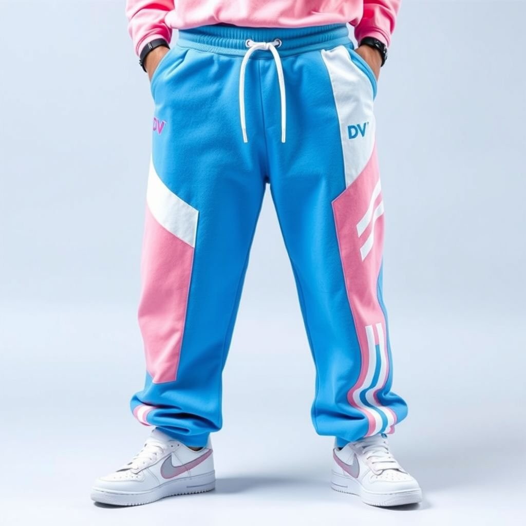 Streetrush Men's Street Sporty Academy Style, Street Hip-Hop Oversized. These baby pink And baby blue cotton candy Color-Block Design Ultra-Wide Sports Sweatpants Feature Multiple Stripes, white and baby pink Paneling Design, And Front And Back Pattern Designs, Along With A Creative Double Waistband. They Are Suitable For All-Season Wear, Embody Street Rock Aesthetics, And Are Perfect For Music Festivals And Everyday Outfits, Making Them An Excellent Gift For Boyfriends Or Husbands. This Style Reflects Y2K Streetwear ,Men's Two-Tone Outdoor Sports , Chicago Jersey , Streetwear , Streetwear Sweatpants. Put “DV” somewhere on it. Create me a logo for my brand “Da’Vine” and put it up there also
Introducing "Streetrush Men's Street Sporty Academy Style" - a vibrant Y2K streetwear marvel! These oversized sweatpants feature playful baby pink and blue color-block patterns, with striking white and pink paneling, and bold stripe accents. An unconventional double waistband adds unique flair. The “DV” logo is boldly integrated, representing your brand "Da’Vine," perfect for street smarts and music festival vibes. Embrace the culture!