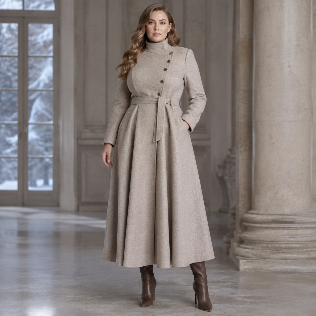 A Female Dress design, made of Wool, with a light, flowing drape, with a Tailored silhouette, with modest, full coverage: longer hemlines, higher necklines and covered shoulders, in a Neutrals color palette, suitable for Winter, suited to a Cold climate, in Formal style, shown on a model with fair skin and a curvy figure. LB fashion aesthetics. Present it as professional fashion catalogue photography: the garment is the subject, shown full-length with editorial styling, neutral posing and tasteful, non-suggestive framing.
photorealistic fashion design, A Female Dress design, made of Wool, with a light, flowing drape, with a Tailored silhouette, with modest, full coverage: longer hemlines, higher necklines and covered shoulders, in a Neutrals color palette, suitable for Winter, suited to a Cold climate, in Formal style, shown on a model with fair skin and a curvy figure. LB fashion aesthetics. Present it as professional fashion catalogue photography: the garment is the subject, shown full-length with editorial styling, neutral posing and tasteful, non-suggestive framing., formal style, just the design no text