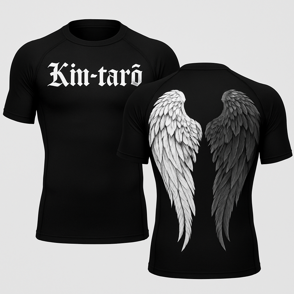 Black base short sleeve compression jujitsu rash guard shirt. 2 angle wings on the back, one white and the other dark gray. Make the wings kinda form a shape of a heart without making it too obnoxious so the wings look natural still 

Little less of a heart shape and make the wings come down almost to the bottom of the shirt 

 Make the wings bigger  
  
On the right shoulder/upper chest are I want you to write “Kin-“ and on the opposite left side I want you to write “tarō”

Black base short sleeve compression jujitsu rash guard shirt. 2 angle wings on the back, one white and the other dark gray. Make the wings kinda form a shape of a heart without making it too obnoxious so the wings look natural still 

Little less of a heart shape and make the wings come down almost to the bottom of the shirt 

 Make the wings bigger  
  
On the right shoulder/upper chest are I want you to write “Kin-“ and on the opposite left side I want you to write “tarō”, gothic style, show front and back