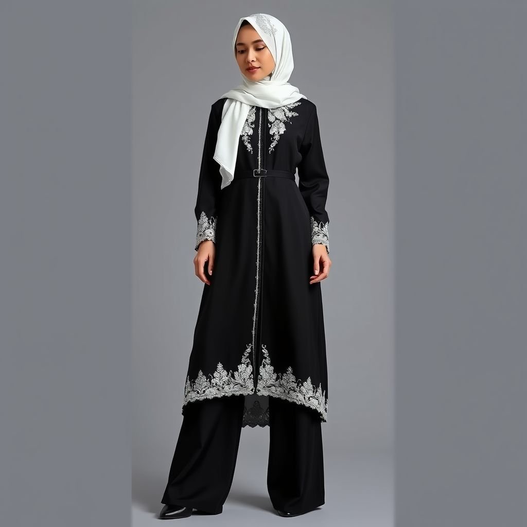 Abaya that is black and white trouser with flowy hijab
Design an elegant classic abaya in rich black silk, featuring intricate white lace borders and a tailored silhouette that skims the floor. Accompany it with wide-legged, high-waisted black trousers, perfectly complementing the structure. The ensemble is crowned by a flowy white hijab, adorned with delicate embroidery, embodying timeless sophistication.