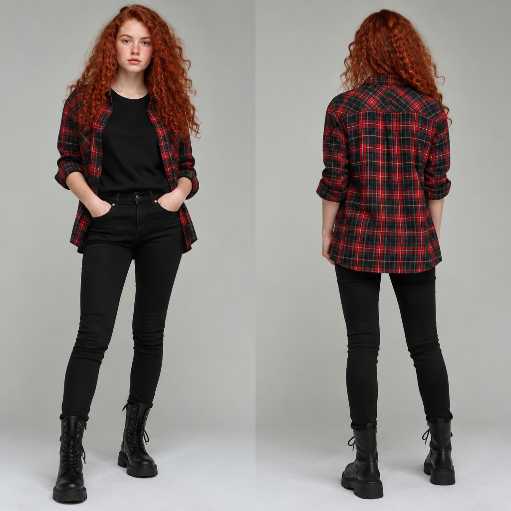 A Scottish teenage girl with wild red curls wears a black T Shirt with black jeans and black military boots and wears a tartan shirt
photorealistic fashion design, A Scottish teenage girl with wild red curls wears a black T Shirt with black jeans and black military boots and wears a tartan shirt , just the design no text, show front and back