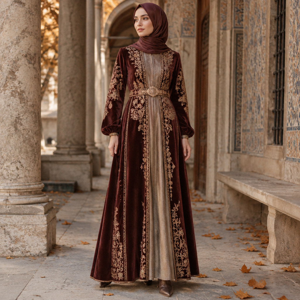 A Female Dress design, suitable for Fall. Consider Turkish fashion — Ottoman-inspired, modest fashion hub, rich textiles, East-meets-West aesthetics. Current season is Autumn in Turkey. Present it as professional fashion catalogue photography: the garment is the subject, shown full-length with editorial styling, neutral posing and tasteful, non-suggestive framing.
photorealistic fashion design, A Female Dress design, suitable for Fall. Consider Turkish fashion — Ottoman-inspired, modest fashion hub, rich textiles, East-meets-West aesthetics. Current season is Autumn in Turkey. Present it as professional fashion catalogue photography: the garment is the subject, shown full-length with editorial styling, neutral posing and tasteful, non-suggestive framing., just the design no text