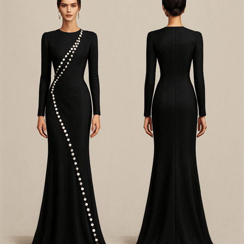 Long black dress with pearls on the chest and then it goes down to the left side to the end of the dress