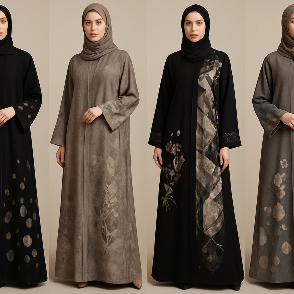 Create a modest chic abaya, the first of its kind, featuring a unique stone design that exudes a classy and sophisticated vibe. I'd like four designs, each showcasing different styles and fabrics. Incorporate high-end, unique chic stone designs to make them truly special. Add little sophisticated stone designsa and some touch of elite flower design.

Create a modest chic abaya, the first of its kind, featuring a unique stone design that exudes a classy and sophisticated vibe. I'd like four designs, each showcasing different styles and fabrics. Incorporate high-end, unique chic stone designs to make them truly special. Add little sophisticated stone designsa and some touch of elite flower design.