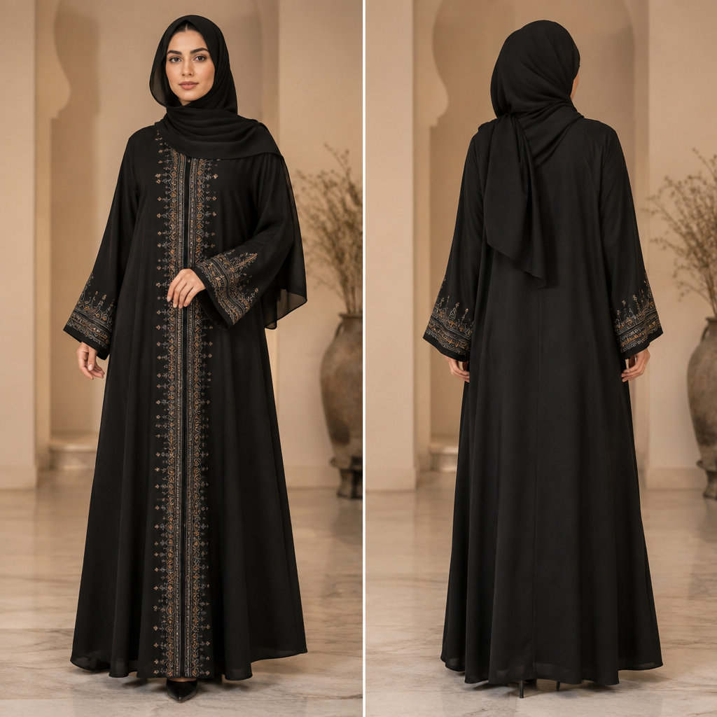 A Abaya design, with modest, full coverage: longer hemlines, higher necklines and covered shoulders, suitable for Fall. India fashion aesthetics. Present it as professional fashion catalogue photography: the garment is the subject, shown full-length with editorial styling, neutral posing and tasteful, non-suggestive framing.
photorealistic fashion design, A Abaya design, with modest, full coverage: longer hemlines, higher necklines and covered shoulders, suitable for Fall. India fashion aesthetics. Present it as professional fashion catalogue photography: the garment is the subject, shown full-length with editorial styling, neutral posing and tasteful, non-suggestive framing., just the design no text, show front and back