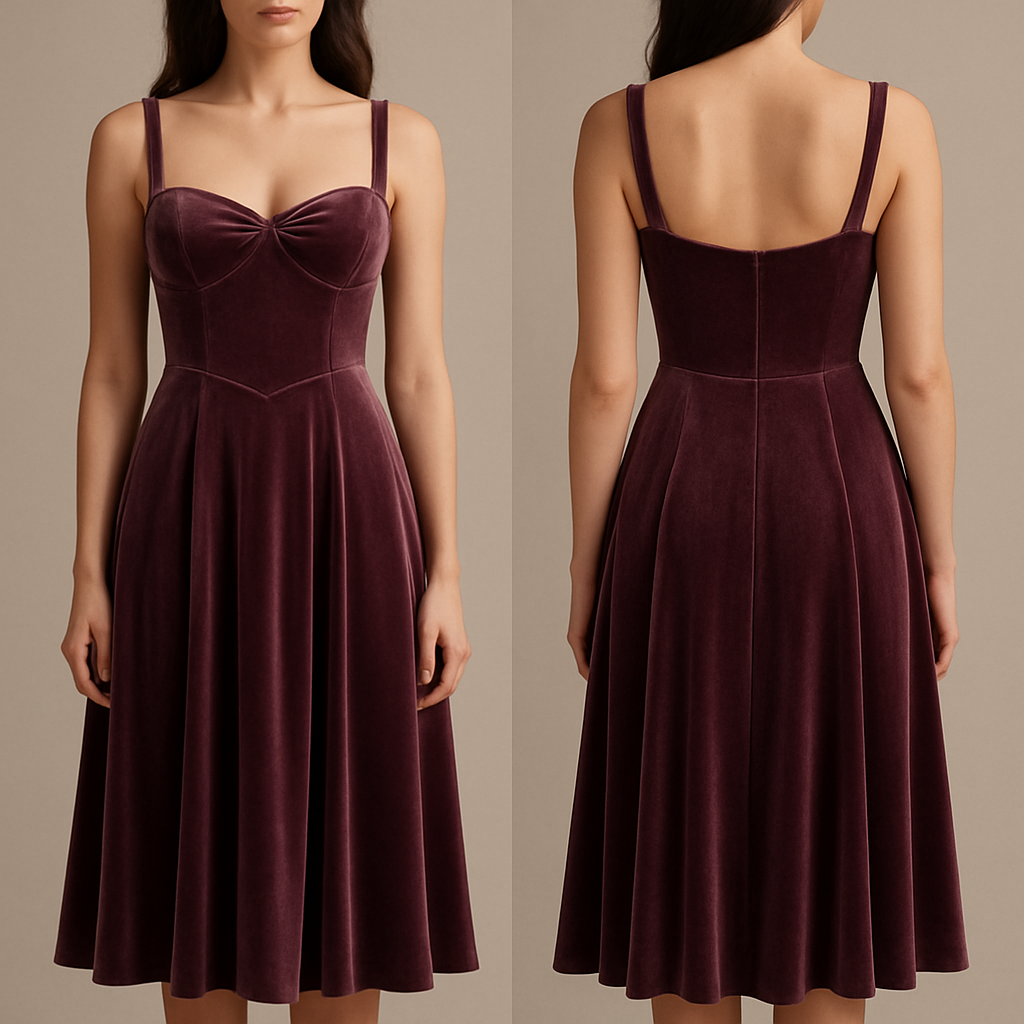 A soft romantic velvet midi dress with a gently rounded sweetheart neckline and soft structured bust cups. The bust has a subtle 1 cm gathering along the top edge, creating a delicate, feminine curve. Medium-width straps (1.2–1.5 cm) extend from the cups toward the back, elegant and supportive. The dress features an empire waist with a softly curved V-shaped waistband that narrows the waist and elongates the upper body. Below the waistband, a flowy A-line midi skirt begins, with 6 to 8 soft pleats that add movement without adding bulk at the hips. The skirt falls to mid-calf length on a 1m64 woman, with a light, luxurious drape. Fabric is stretch silk velvet in berry mauve (or smoky plum), rich and soft with a subtle sheen. Back has a shallow U-shape neckline above bra level, medium straps attached symmetrically, and an invisible zipper in the center back. The overall style is romantic, elegant, vintage-inspired with a modern Y2K softness, flattering for a pear-shaped body with a 75C bust.
A soft romantic velvet midi dress with a gently rounded sweetheart neckline and soft structured bust cups. The bust has a subtle 1 cm gathering along the top edge, creating a delicate, feminine curve. Medium-width straps (1.2–1.5 cm) extend from the cups toward the back, elegant and supportive. The dress features an empire waist with a softly curved V-shaped waistband that narrows the waist and elongates the upper body. Below the waistband, a flowy A-line midi skirt begins, with 6 to 8 soft pleats that add movement without adding bulk at the hips. The skirt falls to mid-calf length on a 1m64 woman, with a light, luxurious drape. Fabric is stretch silk velvet in berry mauve (or smoky plum), rich and soft with a subtle sheen. Back has a shallow U-shape neckline above bra level, medium straps attached symmetrically, and an invisible zipper in the center back. The overall style is romantic, elegant, vintage-inspired with a modern Y2K softness, flattering for a pear-shaped body with a 75C bust., vintage style, show front and back