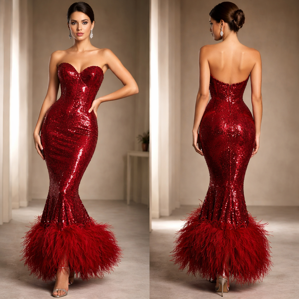 Red sequin body on dress with feather at bottom. Ankle length. Fitted at the legs down too.
Red sequin body on dress with feather at bottom. Ankle length. Fitted at the legs down too. , show front and back