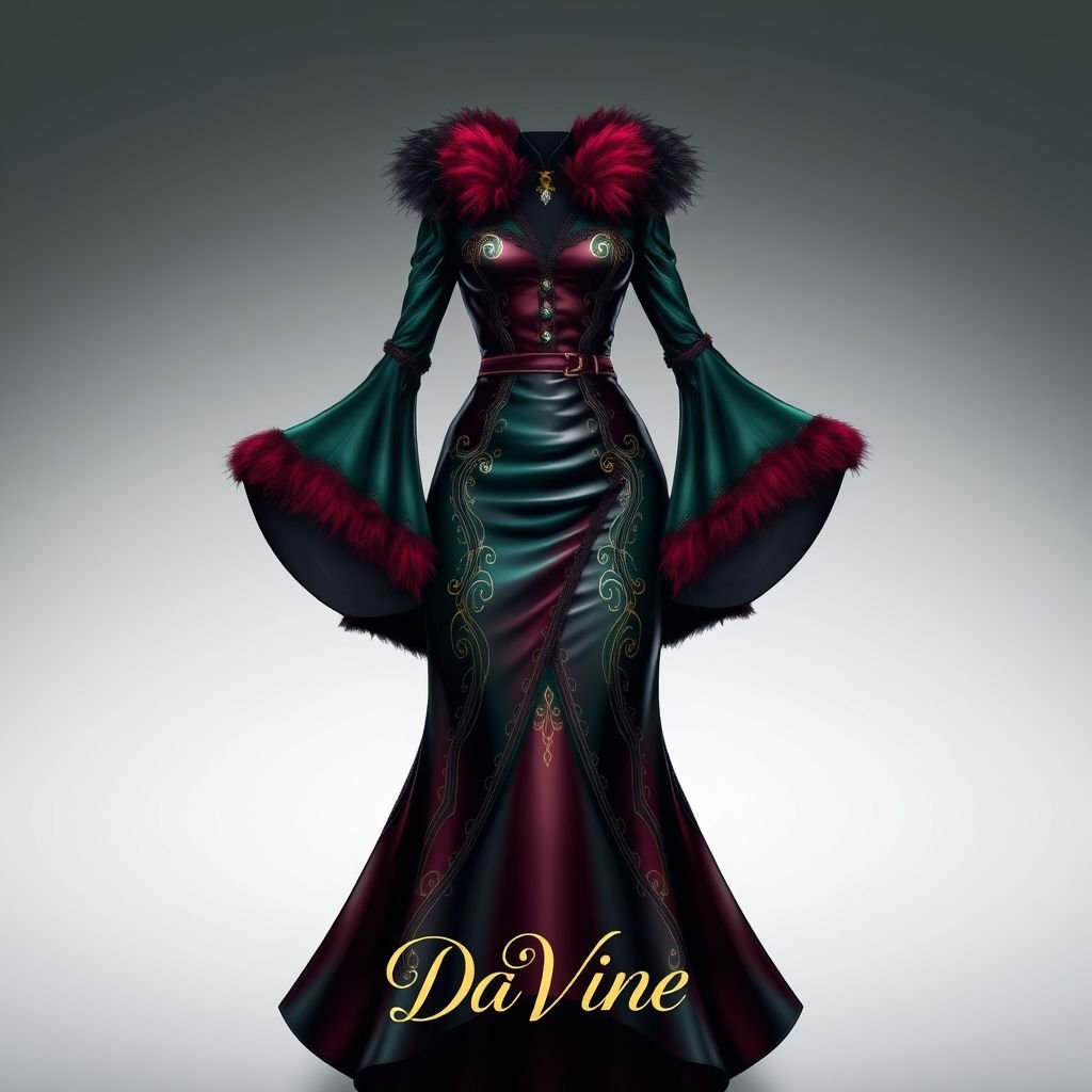 Create me a unique leather dress, something that cruella would make. Add some color to it. Put “Da’Vine” in the bottom left corner
Design an exquisite leather dress evoking Cruella's daring flair, featuring a silhouette that combines elegance and boldness. Incorporate rich jewel tones like emerald green and deep burgundy, adorned with intricate gold detailing. Flowing sleeves and a cascading hemline enhance sophistication. Embellish with vibrant faux fur accents, and place “Da’Vine” elegantly in the bottom left corner.