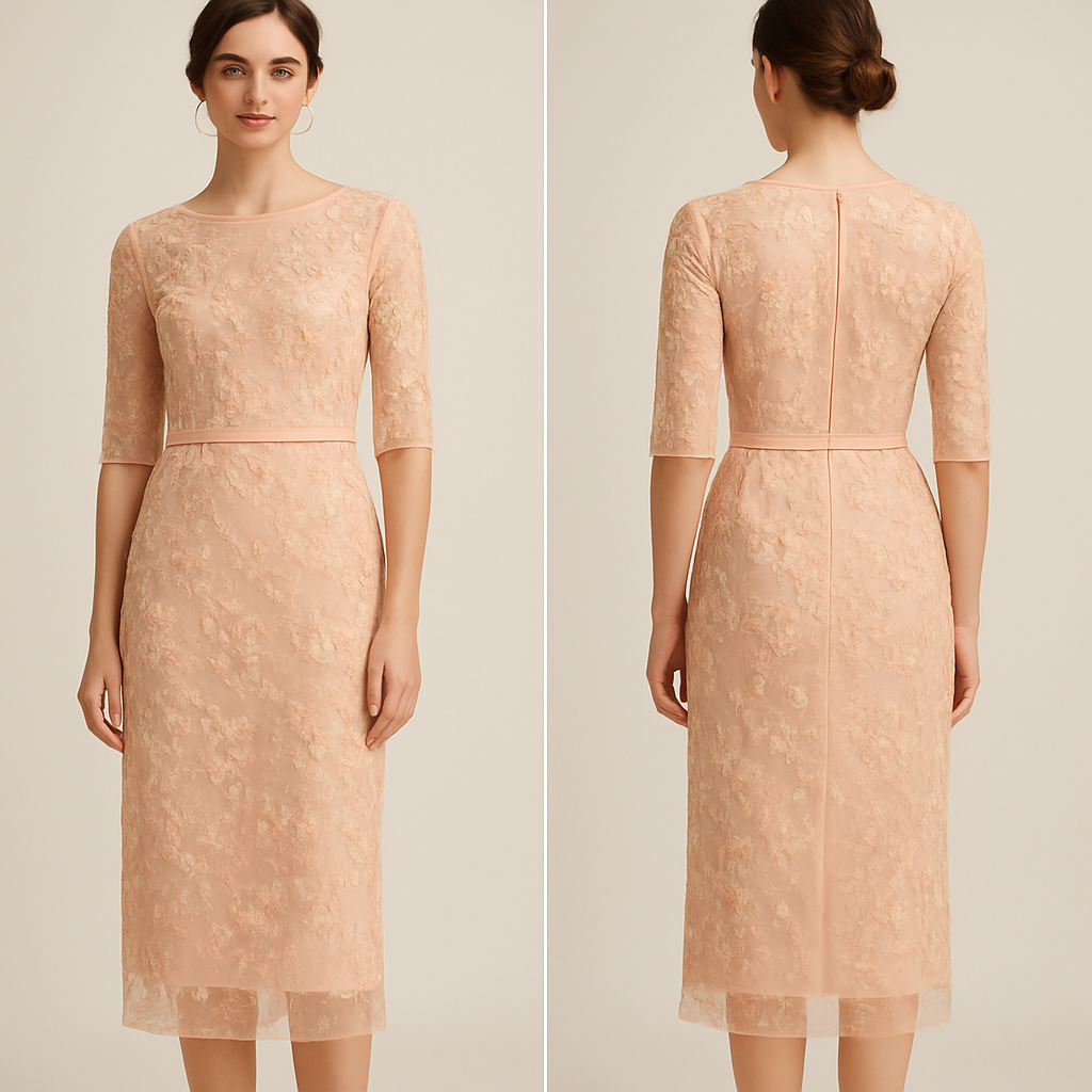 Skirt Description
	•	Type: Midi-length pencil skirt
	•	Fabric: Sheer tulle or organza overlay with 3D floral embroidery and delicate beadwork
	•	Base layer: Light nude or blush satin lining underneath the lace
	•	Color: Soft peach-pink with pastel floral embroidery in shades of blush, light yellow, and ivory
	•	Fit: Straight cut, fitted at the waist and hips, falling naturally to mid-calf
	•	Waistline: High-waisted with a clean waistband (no visible seams or belt loops)
	•	Hem: Slightly see-through at the lower edge because of the sheer embroidered layer
	•	Style: Romantic, elegant, and feminine — suitable for formal events like weddings or engagement parties

⸻

Top / Bodice Design Idea (to create a modest full dress look)

You can describe or design it like this:

“A fitted bodice in the same peach-pink shade and matching embroidered floral fabric.
The top has half-length or three-quarter sleeves made of sheer embroidered tulle with a light satin lining for coverage.
A round neckline or subtle bateau neckline adds elegance, while maintaining modesty.
The waistline aligns perfectly with the skirt’s waistband to create the illusion of a seamless one-piece dress.
Optionally, add a thin satin belt or waistband detail in a matching color to define the silhouette.
The final look should be soft, romantic, and refined — ideal for a wedding or evening event.”

Skirt Description
	•	Type: Midi-length pencil skirt
	•	Fabric: Sheer tulle or organza overlay with 3D floral embroidery and delicate beadwork
	•	Base layer: Light nude or blush satin lining underneath the lace
	•	Color: Soft peach-pink with pastel floral embroidery in shades of blush, light yellow, and ivory
	•	Fit: Straight cut, fitted at the waist and hips, falling naturally to mid-calf
	•	Waistline: High-waisted with a clean waistband (no visible seams or belt loops)
	•	Hem: Slightly see-through at the lower edge because of the sheer embroidered layer
	•	Style: Romantic, elegant, and feminine — suitable for formal events like weddings or engagement parties

⸻

Top / Bodice Design Idea (to create a modest full dress look)

You can describe or design it like this:

“A fitted bodice in the same peach-pink shade and matching embroidered floral fabric.
The top has half-length or three-quarter sleeves made of sheer embroidered tulle with a light satin lining for coverage.
A round neckline or subtle bateau neckline adds elegance, while maintaining modesty.
The waistline aligns perfectly with the skirt’s waistband to create the illusion of a seamless one-piece dress.
Optionally, add a thin satin belt or waistband detail in a matching color to define the silhouette.
The final look should be soft, romantic, and refined — ideal for a wedding or evening event.”, pastel style, show front and back