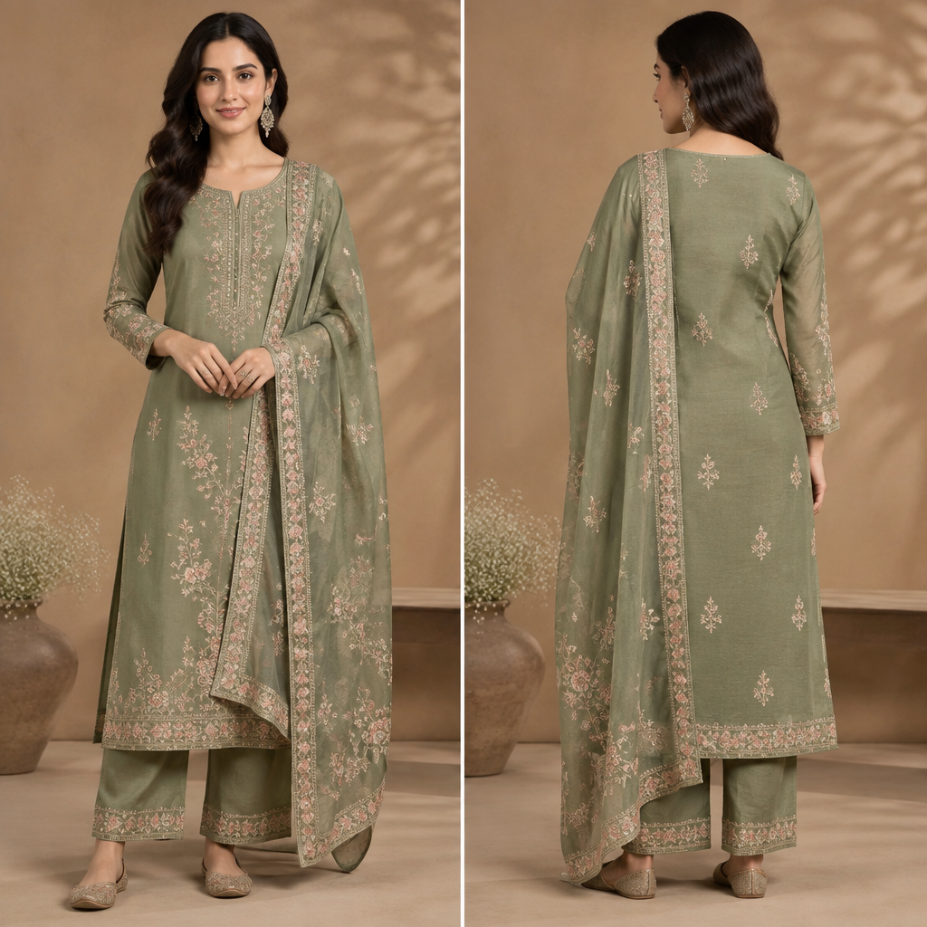 A Female Salwar Kameez design. convert it into stylish and trendy suit. India fashion aesthetics. Present it as professional fashion catalogue photography: the garment is the subject, shown full-length with editorial styling, neutral posing and tasteful, non-suggestive framing.
photorealistic fashion design, A Female Salwar Kameez design. convert it into stylish and trendy suit. India fashion aesthetics. Present it as professional fashion catalogue photography: the garment is the subject, shown full-length with editorial styling, neutral posing and tasteful, non-suggestive framing., just the design no text, show front and back