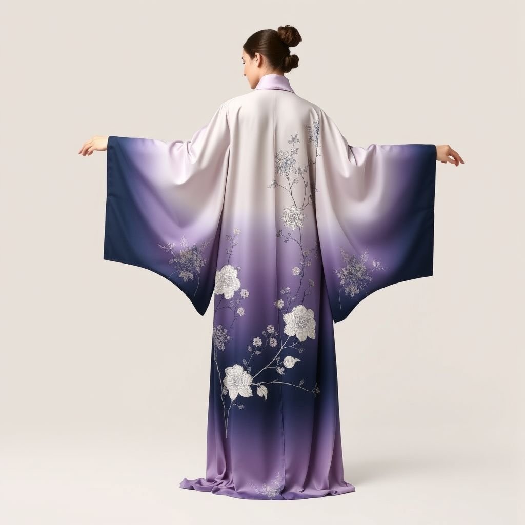 Long simple kimono with long sleeves
Create an elegant long kimono crafted from flowing silk, adorned with intricate floral embroidery that merges traditional Japanese aesthetics with modern minimalism. The sleeves gracefully drape to the floor, while a subtle ombre effect transitions from deep indigo at the hem to a soft lavender near the collar, evoking serene beauty.