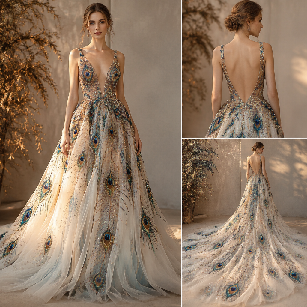 A Female Dress design, suitable for Fall. peacock themed wedding dress sexy low v naked back using light colors lots of bedazzles long train and a little puffed out Present it as professional fashion catalogue photography: the garment is the subject, shown full-length with editorial styling, neutral posing and tasteful, non-suggestive framing.
photorealistic fashion design, A Female Dress design, suitable for Fall. peacock themed wedding dress sexy low v naked back using light colors lots of bedazzles long train and a little puffed out Present it as professional fashion catalogue photography: the garment is the subject, shown full-length with editorial styling, neutral posing and tasteful, non-suggestive framing., just the design no text