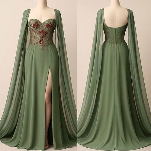 A luxurious sage green evening gown featuring a fitted corset bodice adorned with intricate floral embroidery in deep rose and gold tones. The design includes a dramatic floor-length cape made of sheer chiffon that flows elegantly from the shoulders. The front slit adds a touch of allure, while the structured silhouette enhances the feminine curves. Perfect for formal events, red carpet occasions, or elegant soirées, this gown embodies timeless sophistication and grace.