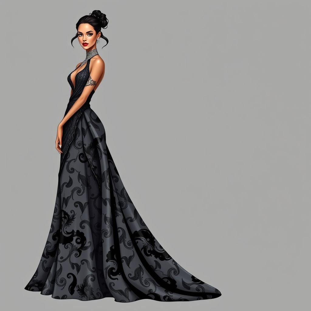 Create me a unique grey and black print met gala dress that resembles something rhianna would wear, but I want it to be modest and empowers a Met Gala look. Put “DV” on it somewhere
Design a stunning Met Gala dress in luxurious grey and black prints, reminiscent of Rihanna’s iconic style, emphasizing elegance and sophistication. The gown features a high neckline, intricate draping, and a floor-sweeping silhouette, adorned with opulent embellishments. Subtly incorporate "DV" within the design, empowering a graceful yet glamorous statement.