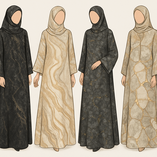 Create a modest boubou, the first of its kind, featuring a unique stone design that exudes a classy and sophisticated vibe. I'd like four designs, each showcasing different styles and fabrics. Incorporate high-end, unique chic stone designs to make them truly special. Add little sophisticated stone designs.