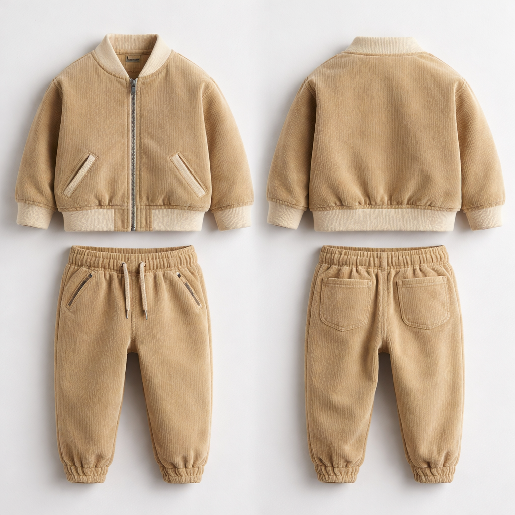 bomber jacket and trousers with couduroy fabric for kids something clean and simple
bomber jacket and trousers with couduroy fabric for kids something clean and simple , streetwear style, show front and back