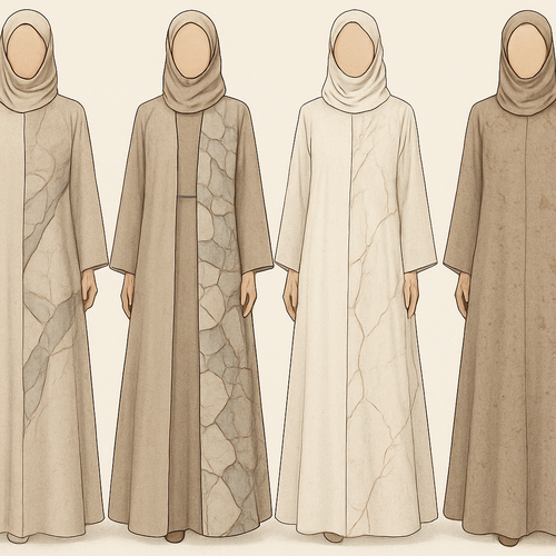 Create a modest two-piece linen abaya, the first of its kind, featuring a unique stone design that exudes a classy and sophisticated vibe. I’d like four designs, each showcasing different styles and fabrics. Incorporate high-end, unique chic stone designs to make them truly special. Add little sophisticated stone designs.