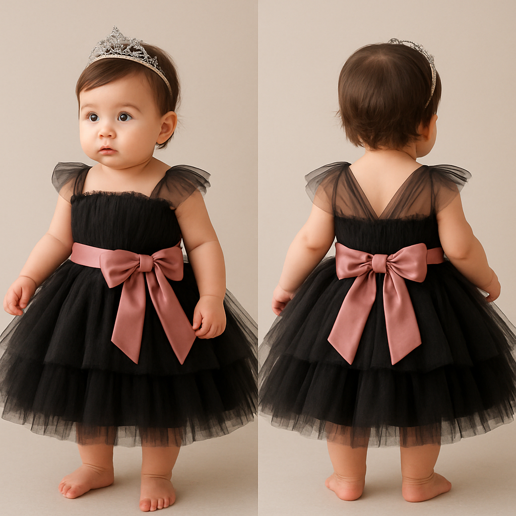 1歳の女の子のベビードレス着用画
黒のチュールドレス、膝丈のラッフルスカート(ボリューミー)
上半身は、細かいギャザーを寄せたベアトップのチュールのボディス
その上から同一色のチュールショルダーラップ
胸下の切り返しにローズピンクのサテン生地の太めのリボンを前から一周巻いて、真ん中ではなく、左前あたりで大きくリボン縛り
リボンの結び目は前
頭には派手すぎないシルバーのティアラ
1歳の女の子のベビードレス着用画
黒のチュールドレス、膝丈のラッフルスカート(ボリューミー)
上半身は、細かいギャザーを寄せたベアトップのチュールのボディス
その上から同一色のチュールショルダーラップ
胸下の切り返しにローズピンクのサテン生地の太めのリボンを前から一周巻いて、真ん中ではなく、左前あたりで大きくリボン縛り
リボンの結び目は前
頭には派手すぎないシルバーのティアラ, show front and back