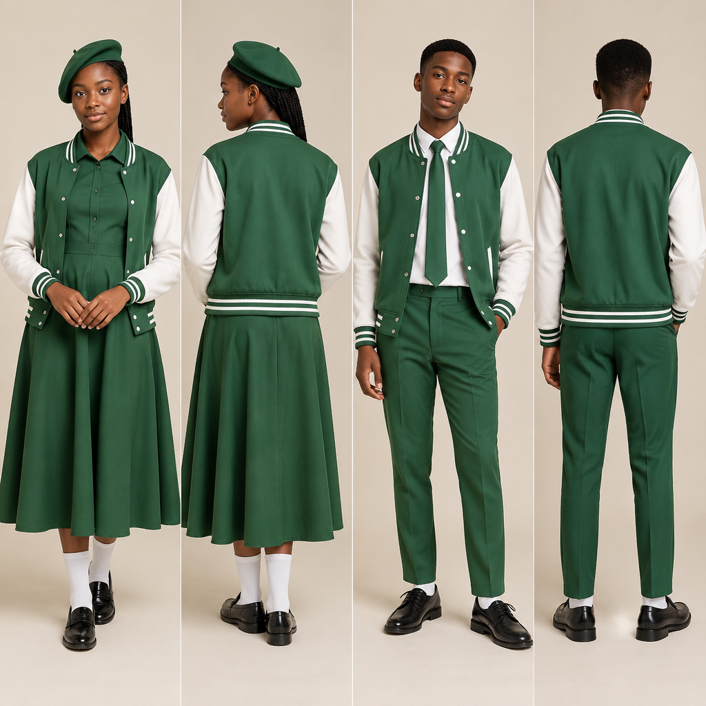 Design a green baseball jacket with white accents.Use black teenagers as models.
A green fit and flare dress,covering chest area,almost reaching ankles,green barrett and white socks for the female.
A green relaxed trouser,white shirt,green tie and white socks for the male.
Nice black school shoes for both.. Design with modest coverage. Present it as professional fashion catalogue photography: the garment is the subject, shown full-length with editorial styling, neutral posing and tasteful, non-suggestive framing.
photorealistic fashion design, Design a green baseball jacket with white accents.Use black teenagers as models.
A green fit and flare dress,covering chest area,almost reaching ankles,green barrett and white socks for the female.
A green relaxed trouser,white shirt,green tie and white socks for the male.
Nice black school shoes for both.. Design with modest coverage. Present it as professional fashion catalogue photography: the garment is the subject, shown full-length with editorial styling, neutral posing and tasteful, non-suggestive framing., just the design no text, show front and back