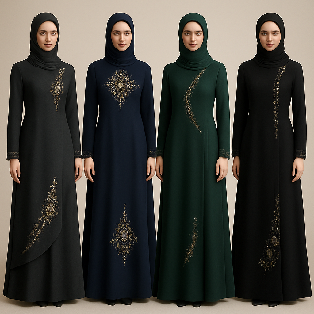 Create me modest two piece that's first in the world, using unique stone design, classy and sophisticated. Keep me 4 designs. Make them rich by adding minimal stone embroidery and stones designs.
Create me modest two piece that's first in the world, using unique stone design, classy and sophisticated. Keep me 4 designs. Make them rich by adding minimal stone embroidery and stones designs.