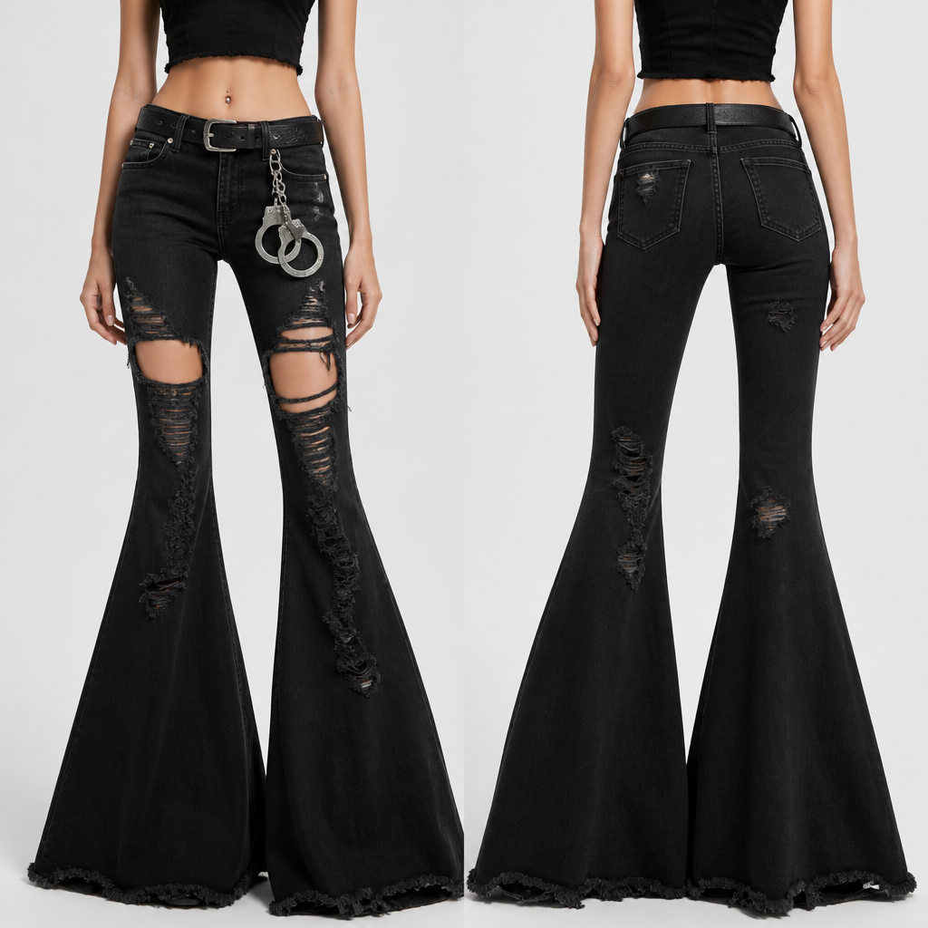 photorealistic fashion design, A Female fashion design, in Y2K style. рваные штаны клешь от колена, черного цвета, ремень с брелком в виде наручников. Russia fashion aesthetics., y2k style, just the design no text, show front and back. Refinement: сделать клеши более широкими на концах
photorealistic fashion design, photorealistic fashion design, A Female fashion design, in Y2K style. рваные штаны клешь от колена, черного цвета, ремень с брелком в виде наручников. Russia fashion aesthetics., y2k style, just the design no text, show front and back. Refinement: сделать клеши более широкими на концах, just the design no text