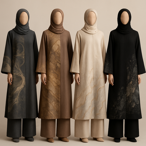 Create a modest abaya and loose pant, first of its kind, featuring a unique stone design that exudes a classy and sophisticated vibe. I'd like four designs, each showcasing different styles and fabrics. Incorporate high-end, unique chic stone designs to make them truly special. Add little sophisticated stone designs. Make it irresistible!