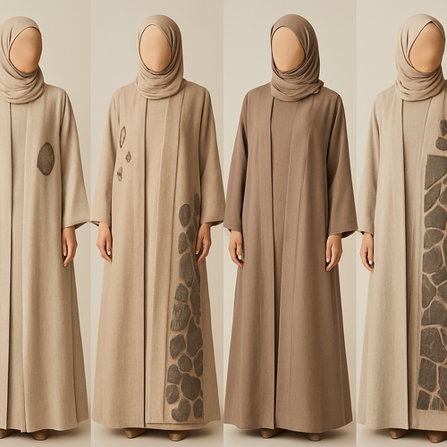Create a modest two-piece linen abaya, the first of its kind, featuring a unique stone design that exudes a classy and sophisticated vibe. I’d like four designs, each showcasing different styles and fabrics. Incorporate high-end, unique chic stone designs to make them truly special. Add little sophisticated stone designs.
