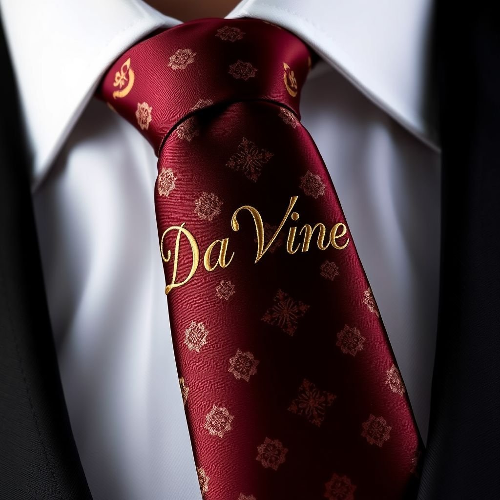 Men’s Tie, that says “Da’Vine”
Design a luxurious men's tie that embodies elegance and sophistication, featuring the name "Da’Vine" embroidered in intricate cursive. Use a rich, deep burgundy silk fabric, accented with subtle gold patterns that shimmer under light. The tie should have a classic width, seamlessly blending tradition with modern style, perfect for formal occasions.