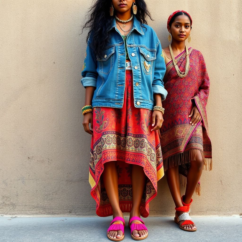 Ethnic
Design a vibrant ethnic fusion ensemble combining traditional Indian saris with modern streetwear elements. Imagine a high-low skirt featuring intricate paisley embroidery paired with an oversized denim jacket adorned with African tribal patterns. Accessorize with chunky, handmade jewelry and vibrant, beaded sandals, creating a harmonious blend of cultures and bold self-expression.
