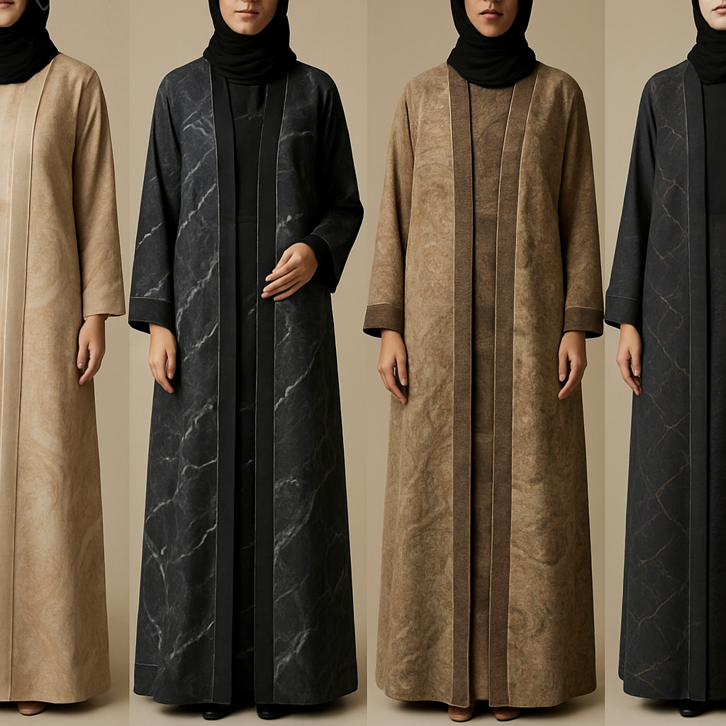 Create a modest two-piece abaya, the first of its kind, featuring a unique stone design that exudes a classy and sophisticated vibe. I'd like four designs, each showcasing different styles and fabrics. Incorporate high-end, unique chic stone designs to make them truly special. Add little sophisticated stone designs.

Create a modest two-piece abaya, the first of its kind, featuring a unique stone design that exudes a classy and sophisticated vibe. I'd like four designs, each showcasing different styles and fabrics. Incorporate high-end, unique chic stone designs to make them truly special. Add little sophisticated stone designs.