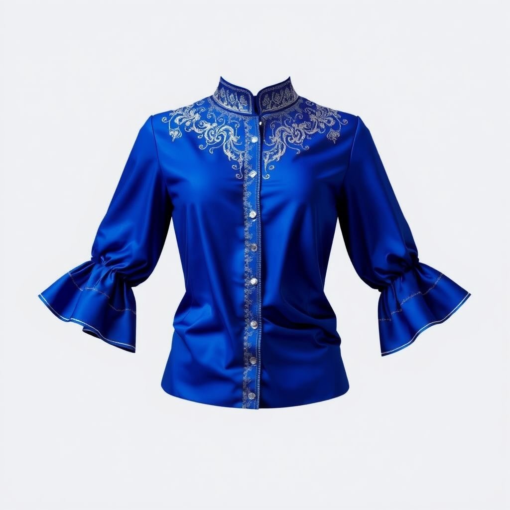 Designer shirt that a blue eyed blonde haired teen would wear that is semi tight and blue that you could wear on a special occasion
Envision a semi-tight, royal blue designer shirt with intricate, shimmering silver thread embroidery along the collar and cuffs. The fabric drapes elegantly, accentuating a youthful figure. Effervescent flowy sleeves gather at the wrists, with subtle ruffles adding flair. Perfect for a special occasion, this stylish piece embodies confidence and sophistication.