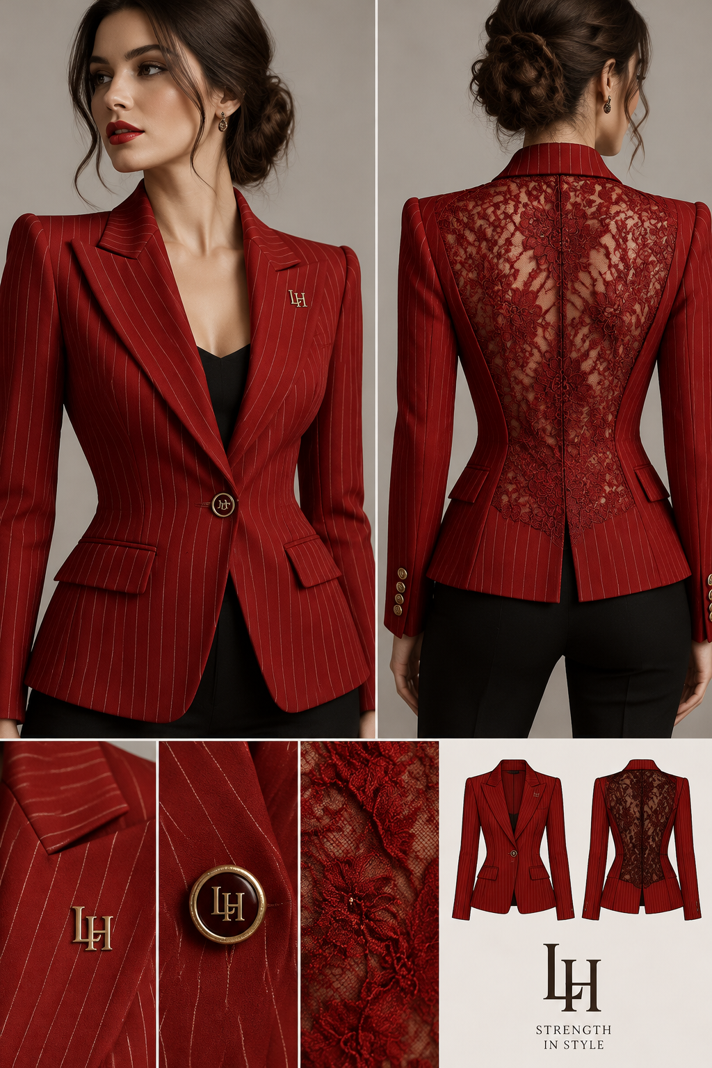 a pinstriped jacket with a lace back and a fitted waist-for woman- red
with logo LH-
a pinstriped jacket with a lace back and a fitted waist-for woman- red
with logo LH-