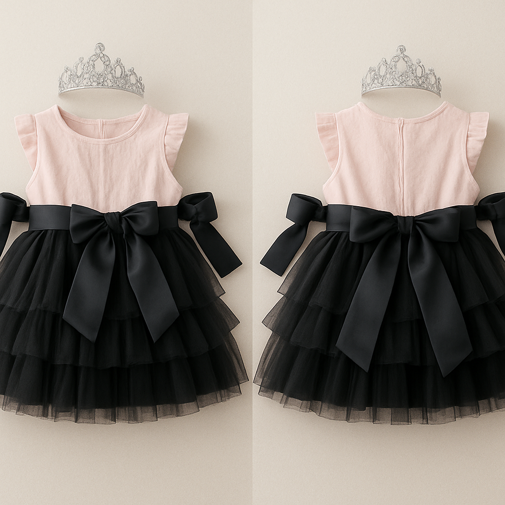 1歳の女の子のベビードレス
黒のチュールドレス、膝丈のラッフルスカート(ボリューミー)
上半身は薄ピンクでノースリーブ、シワシワな感じ
切り返し上の薄ピンクの部分に黒のサテン生地の太めのリボンを一周巻いて、真ん中ではなく、左前あたりで大きくリボン縛り、リボンは長め
リボンと同じ色、生地で、両腕にローブ
頭には派手すぎないシルバーのティアラ
1歳の女の子のベビードレス
黒のチュールドレス、膝丈のラッフルスカート(ボリューミー)
上半身は薄ピンクでノースリーブ、シワシワな感じ
切り返し上の薄ピンクの部分に黒のサテン生地の太めのリボンを一周巻いて、真ん中ではなく、左前あたりで大きくリボン縛り、リボンは長め
リボンと同じ色、生地で、両腕にローブ
頭には派手すぎないシルバーのティアラ, show front and back