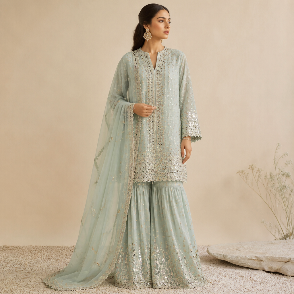 A Female Dress design, suitable for Summer. Consider Pakistani fashion — shalwar kameez, gharara, sharara; lawn fabrics, chiffon; intricate embroidery and mirror work. Current season is Summer in Pakistan.
photorealistic fashion design, A Female Dress design, suitable for Summer. Consider Pakistani fashion — shalwar kameez, gharara, sharara; lawn fabrics, chiffon; intricate embroidery and mirror work. Current season is Summer in Pakistan., just the design no text