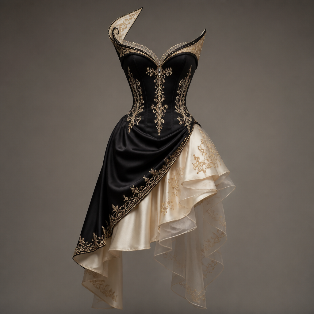 A Female Dress design, suitable for Summer. The ultimate expression of the Henri Vallon aesthetic, this couture mini dress combines French classicism with modern artistic innovation. The structured corset bodice is sculpted with precise tailoring and adorned with hand-set gold crystals arranged in elegant symmetrical motifs. The neckline features a graceful architectural curve inspired by historic Parisian design. The asymmetrical skirt is crafted from layers of silk satin and organza, creating fluid movement with every step. Delicate metallic embroidery traces the edges of the garment, highlighting its sculptural form. The sophisticated contrast between deep black and soft ivory tones creates a striking visual identity that is both timeless and unforgettable
photorealistic fashion design, A Female Dress design, suitable for Summer. The ultimate expression of the Henri Vallon aesthetic, this couture mini dress combines French classicism with modern artistic innovation. The structured corset bodice is sculpted with precise tailoring and adorned with hand-set gold crystals arranged in elegant symmetrical motifs. The neckline features a graceful architectural curve inspired by historic Parisian design. The asymmetrical skirt is crafted from layers of silk satin and organza, creating fluid movement with every step. Delicate metallic embroidery traces the edges of the garment, highlighting its sculptural form. The sophisticated contrast between deep black and soft ivory tones creates a striking visual identity that is both timeless and unforgettable, just the design no text