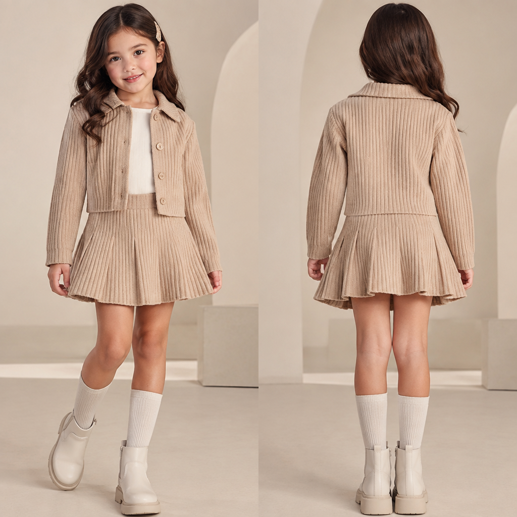 A Male Dress design, suitable for Fall. عايزه موديل لبنوته صغيره يكون جيبه قصيره وجاكيت كت بخامه تريكو مضلع ويكون لونه بيج. Egypt fashion aesthetics. Present it as professional fashion catalogue photography: the garment is the subject, shown full-length with editorial styling, neutral posing and tasteful, non-suggestive framing.
photorealistic fashion design, A Male Dress design, suitable for Fall. عايزه موديل لبنوته صغيره يكون جيبه قصيره وجاكيت كت بخامه تريكو مضلع ويكون لونه بيج. Egypt fashion aesthetics. Present it as professional fashion catalogue photography: the garment is the subject, shown full-length with editorial styling, neutral posing and tasteful, non-suggestive framing., just the design no text