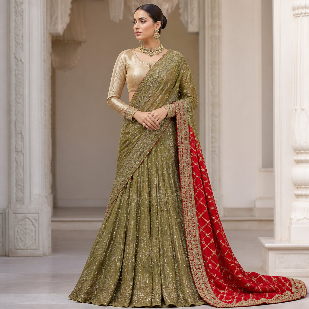 A Female Dress design, for Wedding. Mehendi green shimmer net fabric drape prestitched saree with heavy flare and red gharchola pallu and golden tissue blouse stylish. Design with modest coverage.
photorealistic fashion design, A Female Dress design, for Wedding. Mehendi green shimmer net fabric drape prestitched saree with heavy flare and red gharchola pallu and golden tissue blouse stylish. Design with modest coverage., just the design no text
