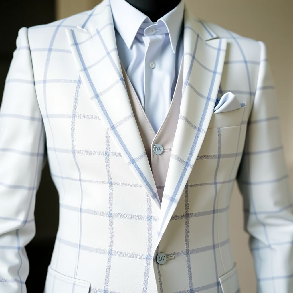 Home Chic White and cotton candy blue Notched Lapel Three Pieces Plaid Business Suits Groomsmen suits . Put “DV” on it somewhere
Envision an elegant three-piece plaid business suit for groomsmen, featuring a crisp white base adorned with subtle cotton candy blue accents. The notched lapel drapes gracefully, exuding sophistication. Finishing touches include a delicate “DV” embroidered on the inner pocket and refined tailoring, ensuring a timeless, upscale appearance for any occasion.