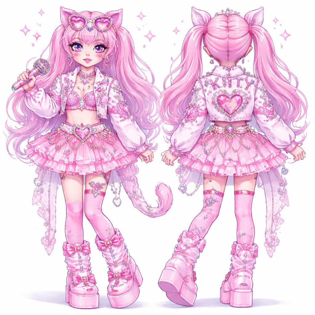 Pop star royalty pink kid kitty diamond heart
Pop star royalty pink kid kitty diamond heart , geek_chic style, show front and back