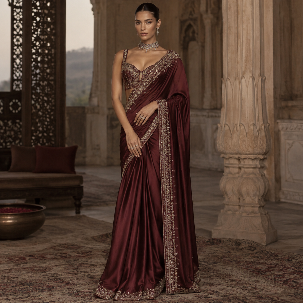 A Female Dress design, suitable for Fall. satin + silver jewelry + wine colour of dress + bella Hadid face. India fashion aesthetics. Present it as professional fashion catalogue photography: the garment is the subject, shown full-length with editorial styling, neutral posing and tasteful, non-suggestive framing.
photorealistic fashion design, A Female Dress design, suitable for Fall. satin + silver jewelry + wine colour of dress + bella Hadid face. India fashion aesthetics. Present it as professional fashion catalogue photography: the garment is the subject, shown full-length with editorial styling, neutral posing and tasteful, non-suggestive framing., just the design no text