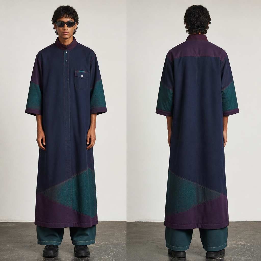 A Male Dress design, with modest, full coverage: longer hemlines, higher necklines and covered shoulders, in a Jewel Tones color palette, for Streetwear, suitable for Summer, in Y2K + Classic + Artsy style. S.L.U.M.P Present it as professional fashion catalogue photography: the garment is the subject, shown full-length with editorial styling, neutral posing and tasteful, non-suggestive framing.
photorealistic fashion design, A Male Dress design, with modest, full coverage: longer hemlines, higher necklines and covered shoulders, in a Jewel Tones color palette, for Streetwear, suitable for Summer, in Y2K + Classic + Artsy style. S.L.U.M.P Present it as professional fashion catalogue photography: the garment is the subject, shown full-length with editorial styling, neutral posing and tasteful, non-suggestive framing., y2k style, just the design no text, show front and back