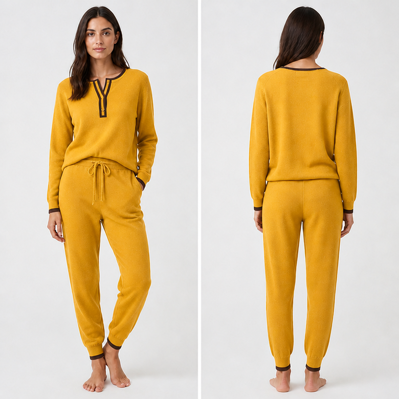Change to a saffron yellow with a chocolate brown trim
edit the attached fashion design with these instructions: Change to a saffron yellow with a chocolate brown trim. keep it photorealistic, just the design no text