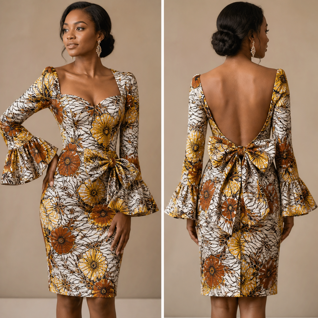 A Female Dress design, for Wedding, suitable for Summer, in Elegant + Classic + Cultural style. a loved-bared back, knee length, a cute bow, long sleeves with flary end and an African print
photorealistic fashion design, A Female Dress design, for Wedding, suitable for Summer, in Elegant + Classic + Cultural style. a loved-bared back, knee length, a cute bow, long sleeves with flary end and an African print, elegant style, just the design no text, show front and back
