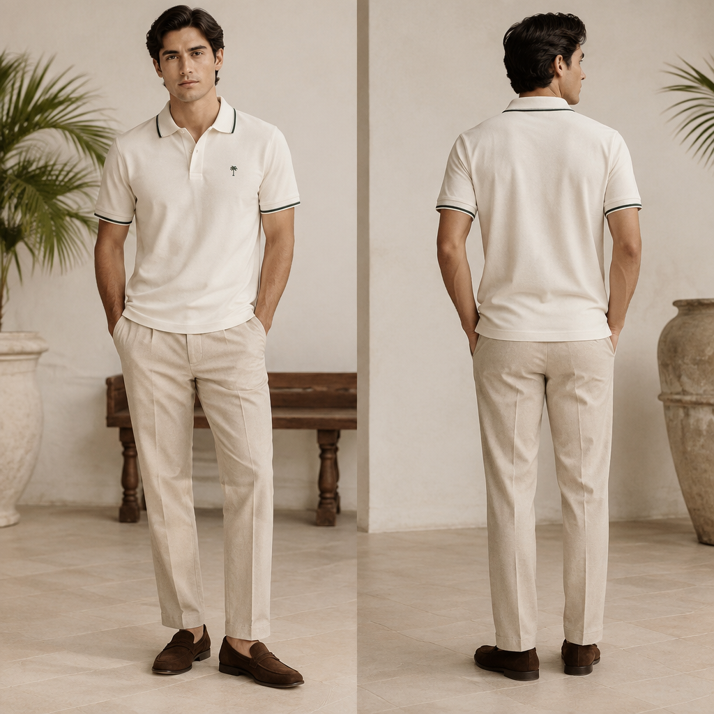 A Male Top design, made of Cotton, with a soft, cosy hand, in Old Money + Americana + Tropical style. buatkan baju polo yang trrlihar elegent di pakai, tambahkan logo kecil di dada kiri berdasarkan foto rederensi. Indonesia fashion aesthetics. Present it as professional fashion catalogue photography: the garment is the subject, shown full-length with editorial styling, neutral posing and tasteful, non-suggestive framing.
photorealistic fashion design, A Male Top design, made of Cotton, with a soft, cosy hand, in Old Money + Americana + Tropical style. buatkan baju polo yang trrlihar elegent di pakai, tambahkan logo kecil di dada kiri berdasarkan foto rederensi. Indonesia fashion aesthetics. Present it as professional fashion catalogue photography: the garment is the subject, shown full-length with editorial styling, neutral posing and tasteful, non-suggestive framing., old_money style, just the design no text, show front and back