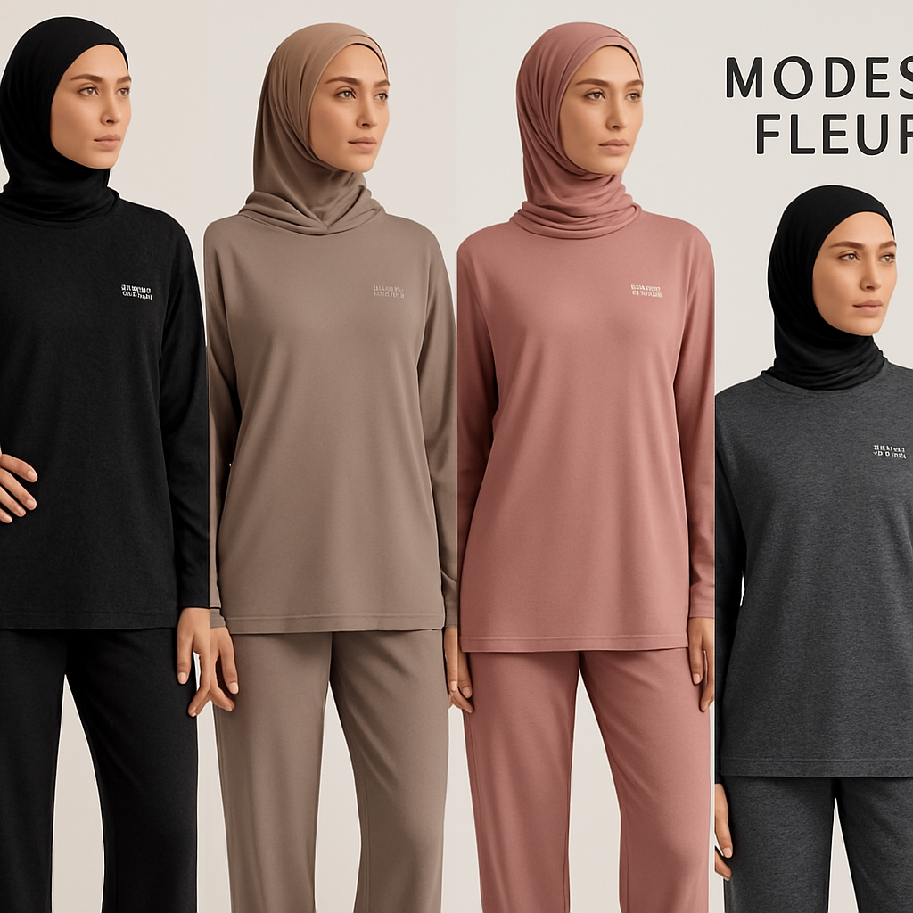 Create a revolutionary women's modest loose gym wear brand called "Modest Fleur". Display the brand name on the in a unique design on the upper right side, in small thick writing that exudes a classy and sophisticated vibe. I'd like four designs, each showcasing different styles and fabrics, with high-end, chic designs to make them truly special.
Create a revolutionary women's modest loose gym wear brand called "Modest Fleur". Display the brand name on the in a unique design on the upper right side, in small thick writing that exudes a classy and sophisticated vibe. I'd like four designs, each showcasing different styles and fabrics, with high-end, chic designs to make them truly special.