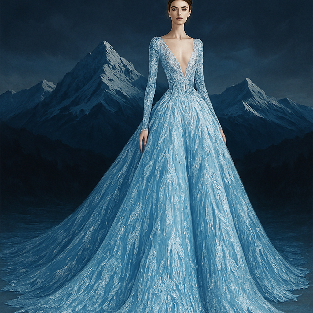 I want to create an extravagant gown with a 20 feet tail, a plunging neckline, with embroidery and textures that look like icicles and glaciers against a dark backdrop like the mountains with icy tips against California skies. Translate that into a beautiful design on the bodice and skirts of this fabulous gown
I want to create an extravagant gown with a 20 feet tail, a plunging neckline, with embroidery and textures that look like icicles and glaciers against a dark backdrop like the mountains with icy tips against California skies. Translate that into a beautiful design on the bodice and skirts of this fabulous gown